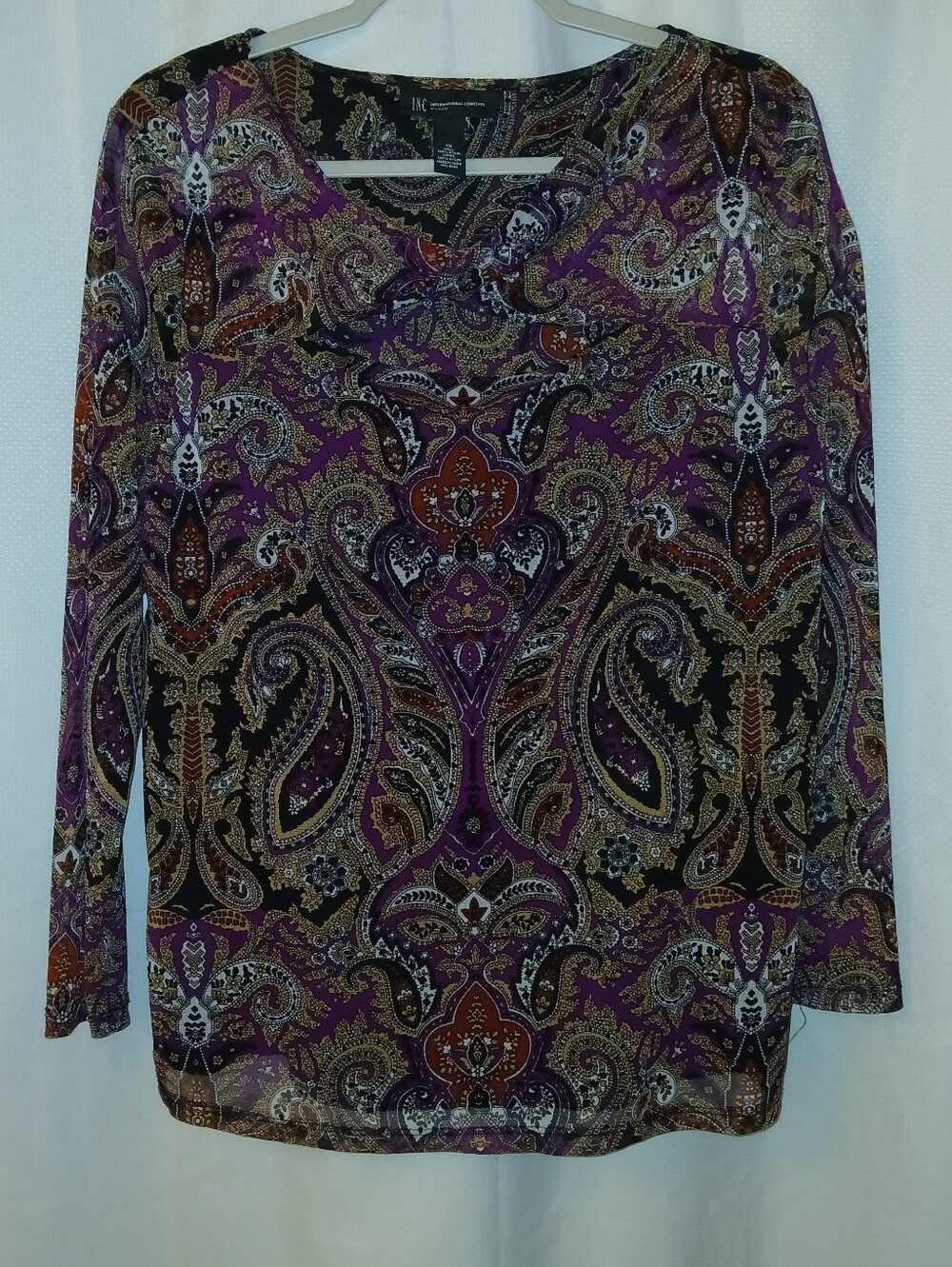 INC International Concepts Paisley Print Long Sleeve Top w / Keyhole Neckline XL